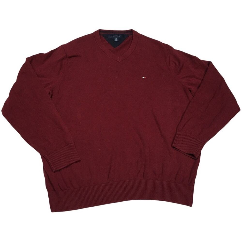 Tommy Hilfiger‎ Sweater V-Neck Red Long Sleeve Knit Pullover Men's L 100% Cotton